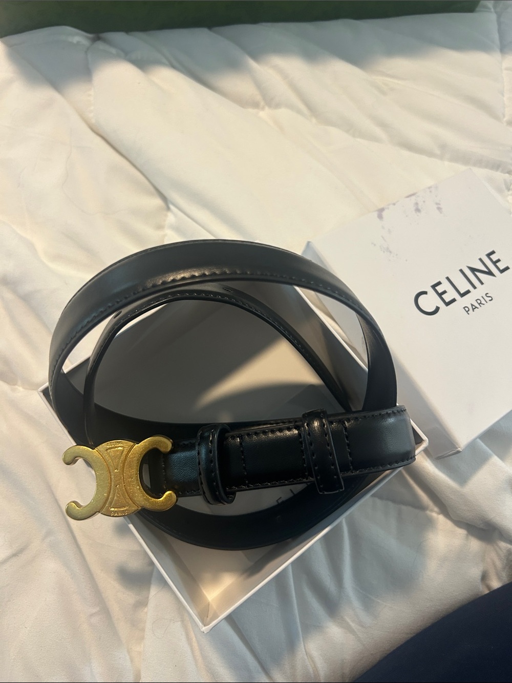 Celine Men's Black Leather Triomphe Belt with Gold Buckle
